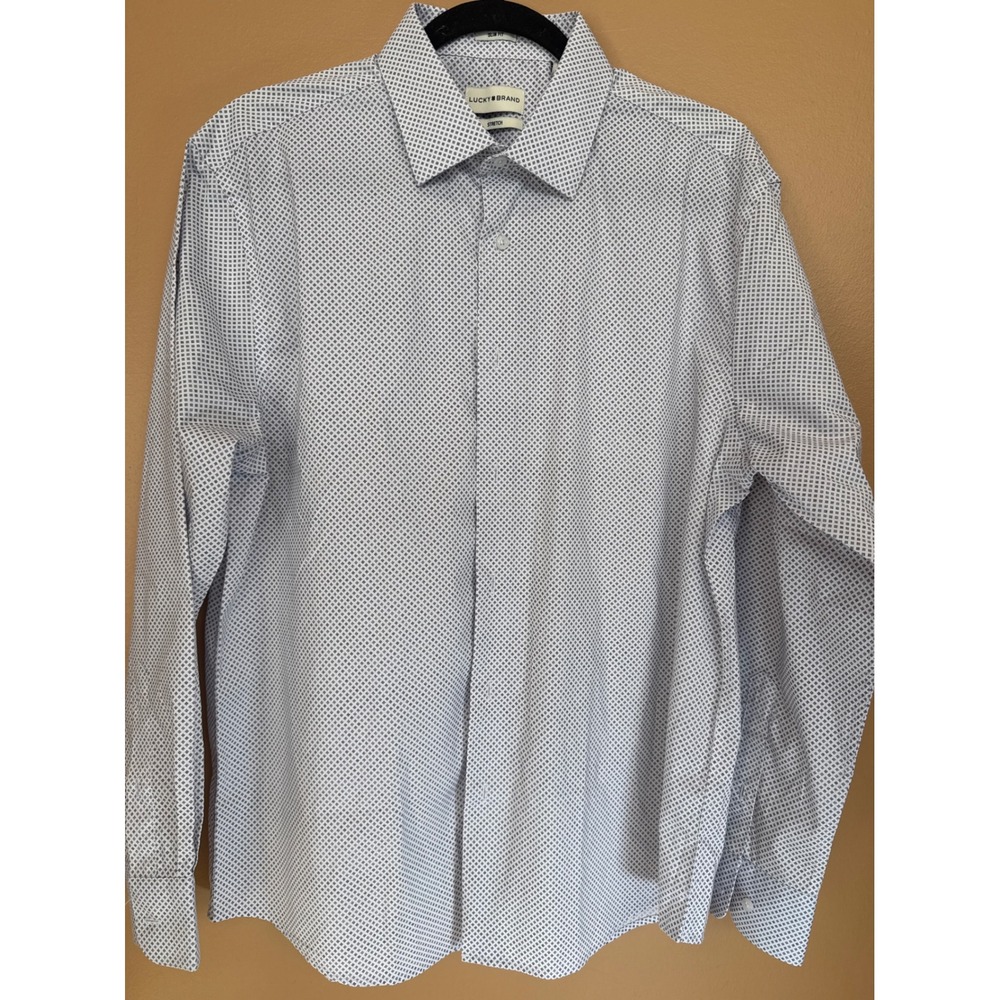 Lucky Brand Mens Slim Fit Stretch Button Down Shirt White Navy Geometric L 16.5